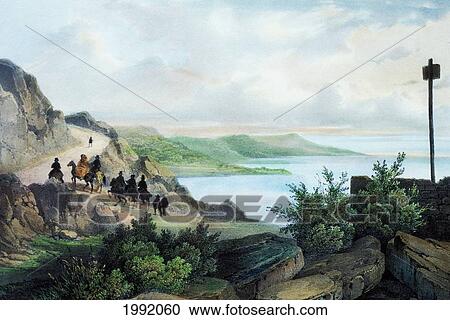 Stock Image - C. 1836 Art/Book Illustration, Big Island, Men On Horseback Near Monument To Captain Cook.. Fotosearch