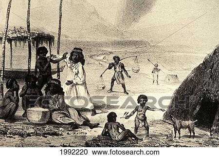 Stock Image - C. 1838 Art/Book Illustration, Hawaii, Oahu, Honolulu, Native Hawaiians In Traditional Village. Fotosearch