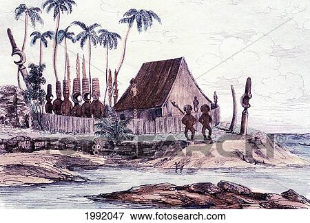 Stock Photo - C. 1839 Art/Book Illustration, Hawaii, Big Island, Temple Of Keawe, Dumont D'urville. Fotosearch