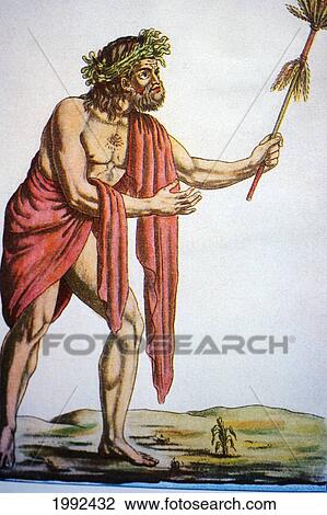 Stock Image - C. 1840 Art/Book Illustration, A Hawaiian Kahuna. Fotosearch