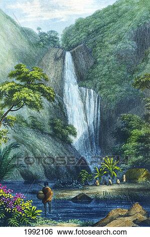 Stock Photograph - C. 1840 Art/Book Illustration, Hawaii, Kauai, Hanapepe Falls, Natives In Foreground.. Fotosearch