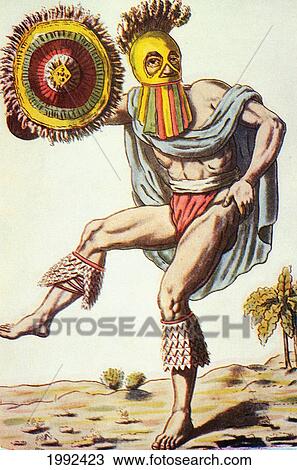 Stock Image - C. 1840 Art/Illustration, Man Of The Sandwich Islands Dancing With Uliuli. Fotosearch