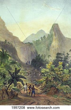 Stock Photo - C. 1840 Hawaii, Oahu, Honolulu, Fisquet/Onboard Bonite, 1836, Valee Du Pari (Pali), Color. Fotosearch