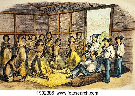 Stock Photograph - C. 1845 Art/Illustration, Foreign Sailors Watch Hula Girls Dance.. Fotosearch