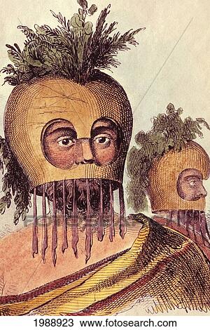 Stock Image - C. 1845, Hand Colored Lithogarph, Warrior In Gourd Mask. Dumont D'uruille. Fotosearch