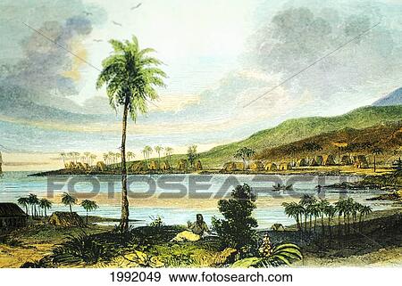 Stock Photo - C. 1847 Art/Book Illustration, Big Island, Kealakekua Bay, View Of Kaawaloa Villa, Reverend William Ellis. Fotosearch