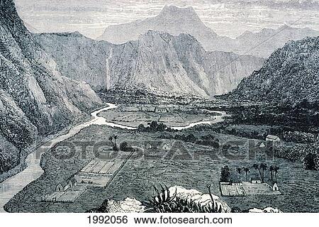 Stock Photograph - C. 1850 Art/Book Illustration, Hawaii, Big Island, Waipio Valley, After Hiram Bingham. Fotosearch