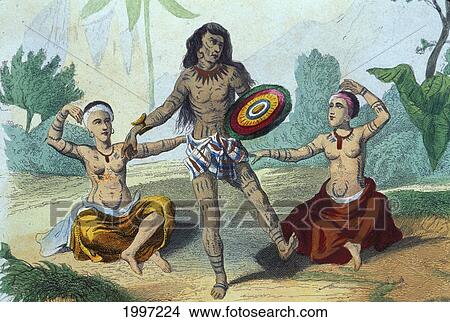 Picture - C. 1850 Male Hula Dancer With Many Tattoos, Markings On Body Two Topless Women Sit, Dance. Fotosearch
