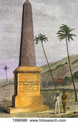 Stock Photograph - C. 1870 Captain Cook Monument With Two Men Looking & Park In Background. Fotosearch