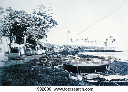 Stock Photo - C. 1890 Photograph, Hawaii, Big Island, Hilo, Along The Ocean Shore.. Fotosearch