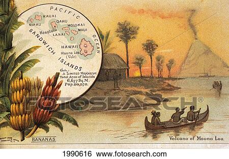 Stock Photograph - C. 1900, Hawaii, Map Of Hawaiian Islands And Canoe Paddling Towards Maunaloa Volcano.. Fotosearch