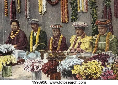 Stock Image - C. 1900 Lei Makers Sitting In A Row Surrounded With Fresh Flowers, Close-Up, Postcard. Fotosearch