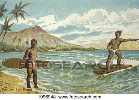 C. 1905 Hawaii, Oahu, Waikiki, Man On Surfboard Riding Wave With Man On Shore, Diamond Head Background, Postcard View Large Photo Image Stock Photo - C. 1905 Hawaii, Oahu, Waikiki, Man On Surfboard Riding Wave With Man On Shore, Diamond Head Background, Postcard. Fotosearch