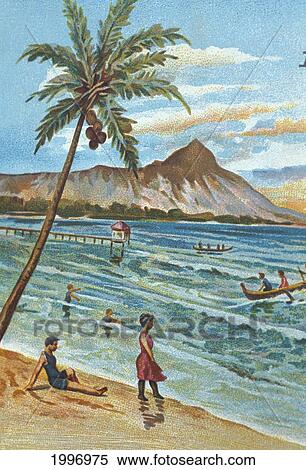 Stock Photography - C. 1905 Hawaii, Oahu, Waikiki, Outrigger Canoes Surfing With People Watching, Diamond Head Background, Postcard. Fotosearch