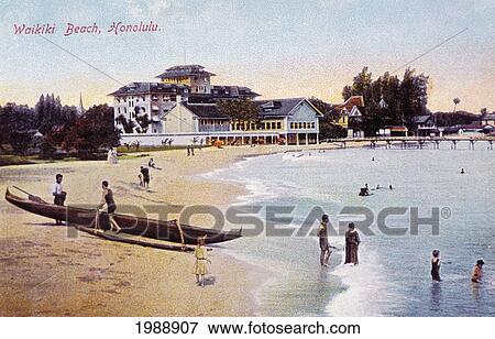 C. 1910, Hawaii, Honolulu, Postcard Of Waikiki Beach Scene. View Large Photo Image Stock Photo - C. 1910, Hawaii, Honolulu, Postcard Of Waikiki Beach Scene.. Fotosearch