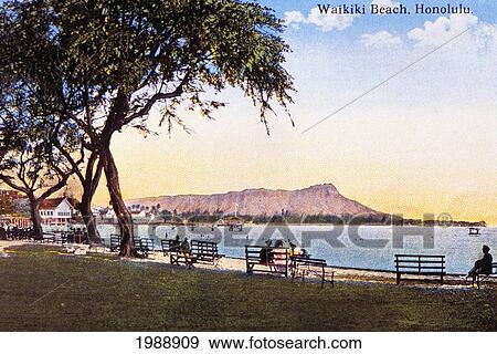 Stock Photo - C. 1910, Hawaii, Honolulu, Postcard Of Waikiki Beach Scene.. Fotosearch