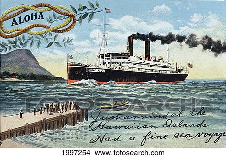 Picture - C. 1910 Hawaii, Oahu, Honolulu, Postcard, Cruising To Hawaii, Cruise Ship Arriving At Dock With Tourists. Fotosearch