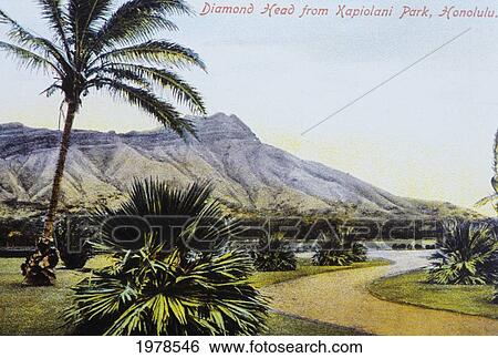 Stock Photograph - C. 1910, Postcard Art, Hawaii, Oahu, Waikiki, Diamond Head From Kapiolani Park Garden Lagoon.. Fotosearch