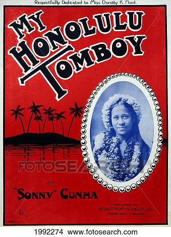 C. 1910 Sheet Music, My Honolulu Tomboy, Portrait Of A Hawaiian Girl With Graphical Red And Black Palm Tree Behind View Large Photo Image Picture - C. 1910 Sheet Music, My Honolulu Tomboy, Portrait Of A Hawaiian Girl With Graphical Red And Black Palm Tree Behind. Fotosearch