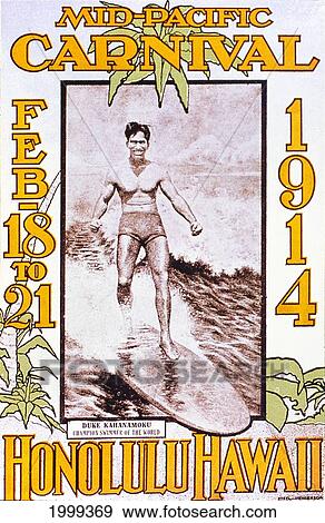 Stock Photo - C. 1914 Tourist Art, Poster For Mid Pacific Carnival, Man Surfing C1522. Fotosearch