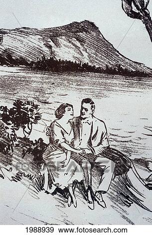 Stock Photo - C. 1915, Hawaii, Honolulu, Waikiki, Sheet Music. Couple With Diamond Head In Background.. Fotosearch