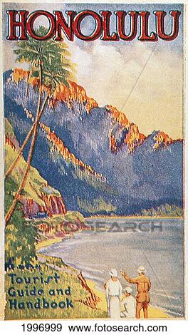 Stock Photo - C. 1915 Hawaii, Tourist Guide Cover, Family On Beach By Mountain, Color. Fotosearch