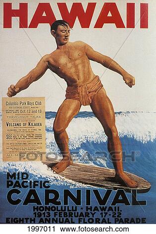 Stock Image - C. 1915 Poster Art Of Mid Pacific Carnival With Surfer On Wave. Fotosearch