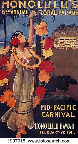 Stock Photography - C. 1915 Poster Art Of Mid Pacific Carnival With Woman Holding Flowers On Beach. Fotosearch
