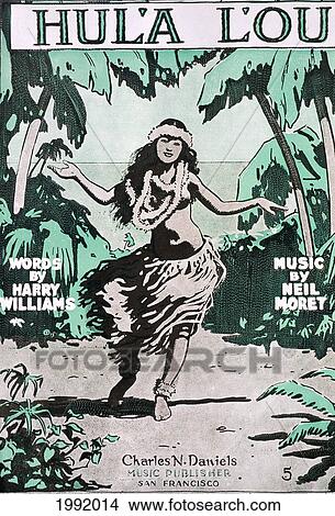 Picture - C. 1915, Sheet Music Of Hula Lou, Drawing Of Female Walking In Hula Outfit, Arms Outstreched To The Side. Fotosearch