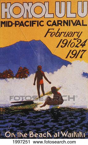 Stock Image - C. 1917 Hawaii, Oahu, Poster, Mid Pacific Carnival, Painting, Surfers At Diamond Head. Fotosearch