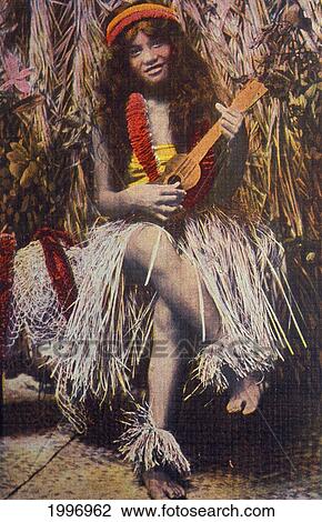 C. 1920 Full Length View Of Female In Hula Outfit Sitting With Ukulele In Front Of Straw Hut, Postcard View Large Photo Image Stock Image - C. 1920 Full Length View Of Female In Hula Outfit Sitting With Ukulele In Front Of Straw Hut, Postcard. Fotosearch
