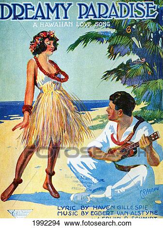 Picture - C. 1920 Sheet Music, Dreamy Paradise, Hula Girl Dancing On The Beach, Man Playing Ukulele Beside Her.. Fotosearch