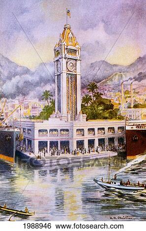 Stock Photograph - C. 1923 H. B. Christian Art, Oahu, Honolulu, View Of Aloha Tower.. Fotosearch