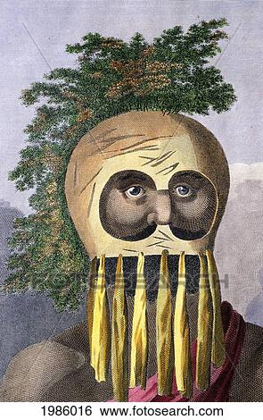 Stock Photograph - C. 1924 Art / Engraving, Man Of The Sandwich Islands Wearing Gourd Mask.. Fotosearch