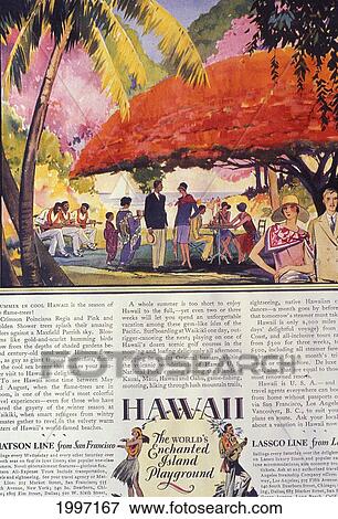 Stock Photo - C. 1925 Advertising Art For Hawaii, Tourist Bureau, Tourists At Party On Beach. Fotosearch