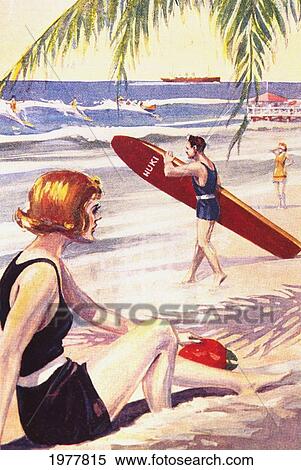 Stock Photography - C. 1925, Advertising Art, Hawaii, Side View Of Woman On Beach, Surfer Entering Water.. Fotosearch
