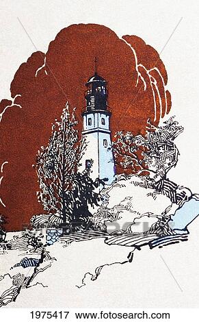 Stock Photo - C. 1925, H. B. Christian Art, Hawaii, Illustration Of Diamond Head Lighthouse.. Fotosearch