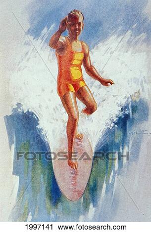 Stock Image - C. 1926 H. B. Christian Art, Front View Of Surfer In Hawaii, Catching Wave, Arm Up. Fotosearch