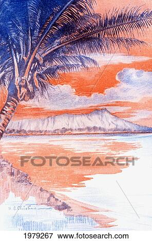 Stock Photo - C. 1926, H. B. Christian Art, Hawaii, Oahu, Waikiki, Diamond Head And Palm Tree, Duatone Illustration.. Fotosearch