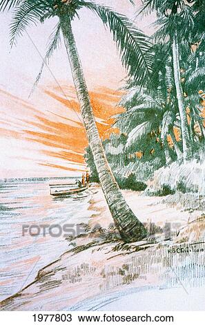 Stock Image - C. 1926, H. B. Christian Art, Hawaiian Beach Scene With Couple By Outrigger Canoe.. Fotosearch