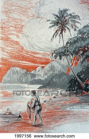 Stock Photograph - C. 1926 Hawaii, H. B. Christian Art, Duotone Illustration Of Net Fisherman On Beach. Fotosearch