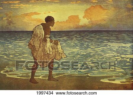 Picture - C. 1927 Hawaii, Art, C. W. Bartlett, Net Fisherman At Sunset. Fotosearch