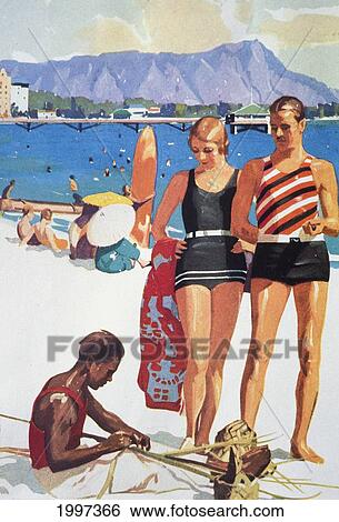 C. 1927 Hawaii, Oahu, Advertising Art, Tourist Bureau, Couple On Waikiki Beach View Large Photo Image Stock Photograph - C. 1927 Hawaii, Oahu, Advertising Art, Tourist Bureau, Couple On Waikiki Beach. Fotosearch