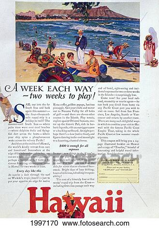 Stock Image - C. 1927 Hawaii, Oahu, Tourist Bureau Ad, Waikiki Beach And Diamond Head With Sunbathers. Fotosearch