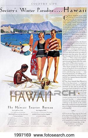 Stock Photo - C. 1927 Hawaii, Oahu, Tourist Bureau Ad, Waikiki Beach Sunbathers With Native Man. Fotosearch