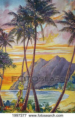 Stock Photo - C. 1928 Hawaii, Art, Tropical Sunset, Palms, Cliffs, Shoreline. Fotosearch