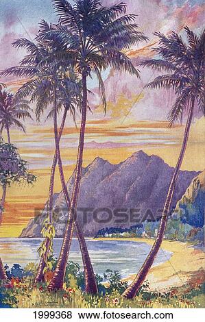 Stock Photo - C. 1928 Hb Christian Illustration Of Sunset Along Coastline, Palms Foreground C1521. Fotosearch