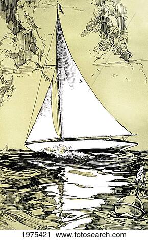 Stock Image - C. 1929, H. B. Christian Art, Hawaii, Sailboat With Water Reflections, Duotone.. Fotosearch