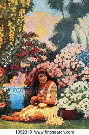 C. 1930 Art Illustraion, Beautiful Hawaiian Girl In Flowering Garden, John Petty View Large Photo Image Stock Photo - C. 1930 Art Illustraion, Beautiful Hawaiian Girl In Flowering Garden, John Petty. Fotosearch