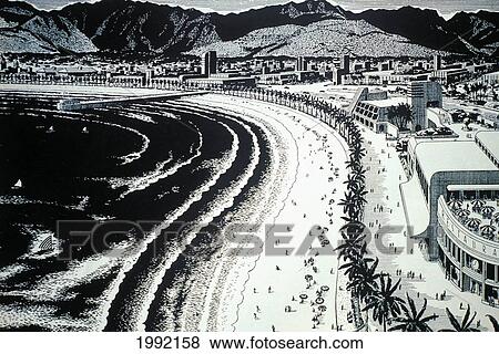 Stock Photo - C. 1930 Art/Illustration, Hawaii, Oahu, Futuristic Depiction Of Waikiki.. Fotosearch